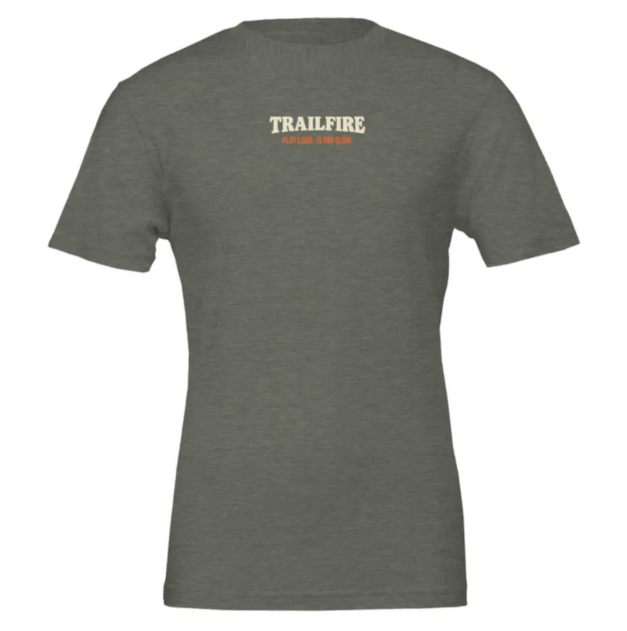 Olive Trailfire T-shirt with a small logo and the words Play Loud, Climb Slow