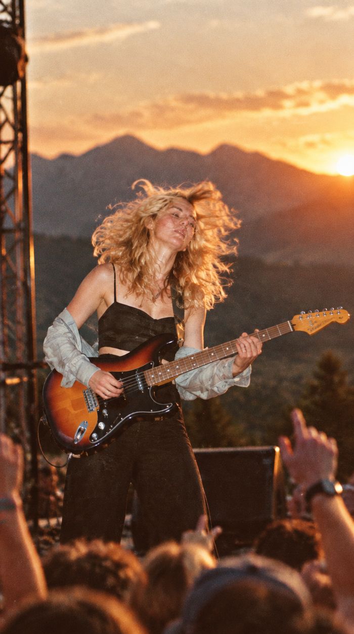 Trailfire's guitarist on an outdoor stage at sunset with mountains behind