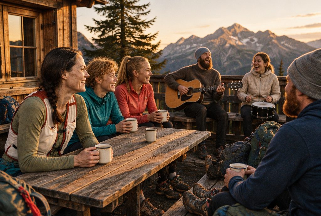 Tam and her running friends with mugs on a mountain hut terrace listening to an acoustic set